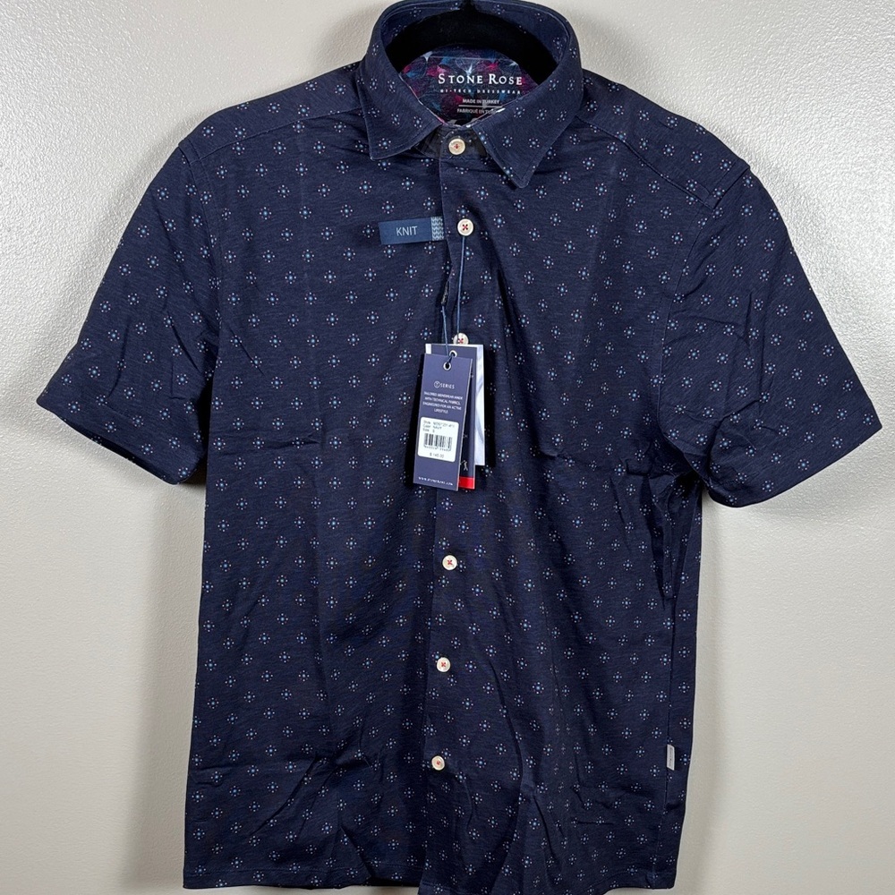 Stone Rose Men's Dark Blue Patterned Short Sleeve Button Down Shirt